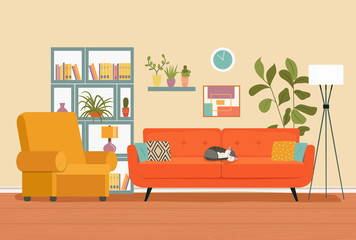 Living room interior. Comfortable sofa,  bookcase, chair and house plants. Vector flat illustration