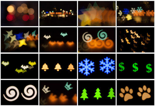 Set of blurred photo of defocused bokeh colorful lights in the different shapes. Full size. - Powered by Adobe