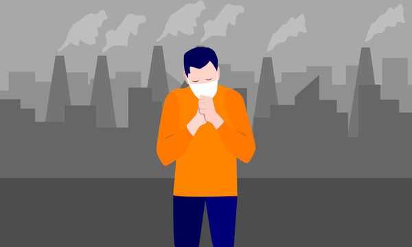 Environmental problem, concept-masked man in a polluted city, air pollution from factories in the city, vector illustration