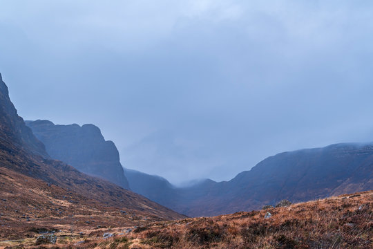 A dreich winters day at Coire nan Arr, with Beinn Bhan in the background, on the Applecross Peninsula, Wester Ross, Scotland. 23 December 2019