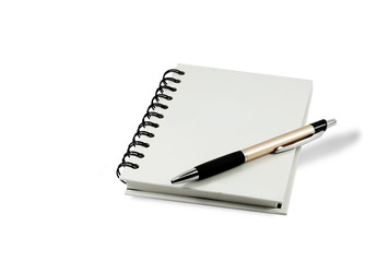 Blank notebook with pen and pencil isolated on white background.