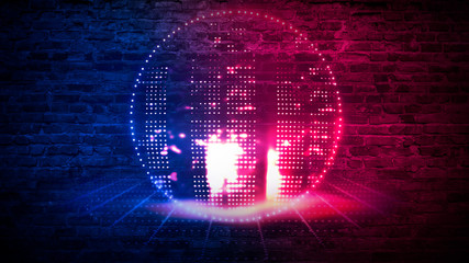 Old brick wall with neon lights. Neon shapes on brick wall background.