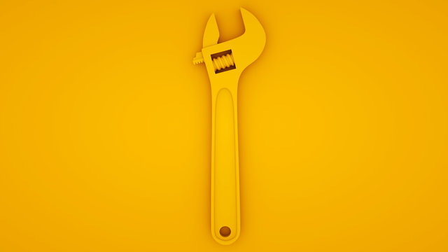 Adjustable wrench on yellow background. Minimal idea concept, 3d illustration