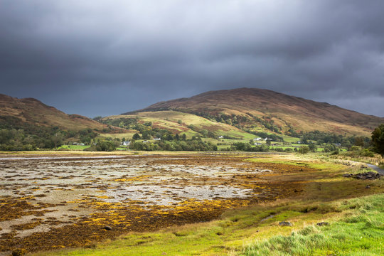Storm clouds over tranquil rolling hills, Appin, Argyll, Scotland