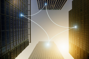 Fiber optic light communication connecting highrise buildings, concept