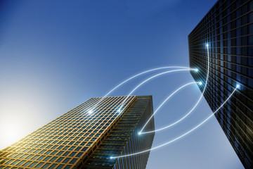 Fiber optic light communication connecting highrise buildings, concept