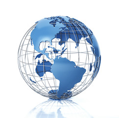 Earth globe stylized with metal grid. Americas view. © Pixelchaos