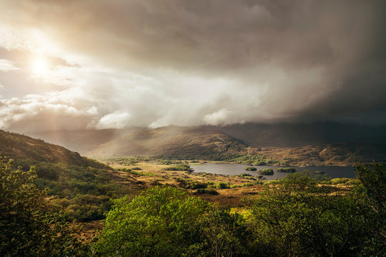 Tranquil, majestic view of clouds over sunny remote landscape, Kerry, Ireland