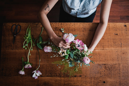 View From Above Woman Arranging Flower Bouquet