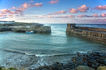 Idyllic seascape view beyond jetty Craster  Northumberland UK