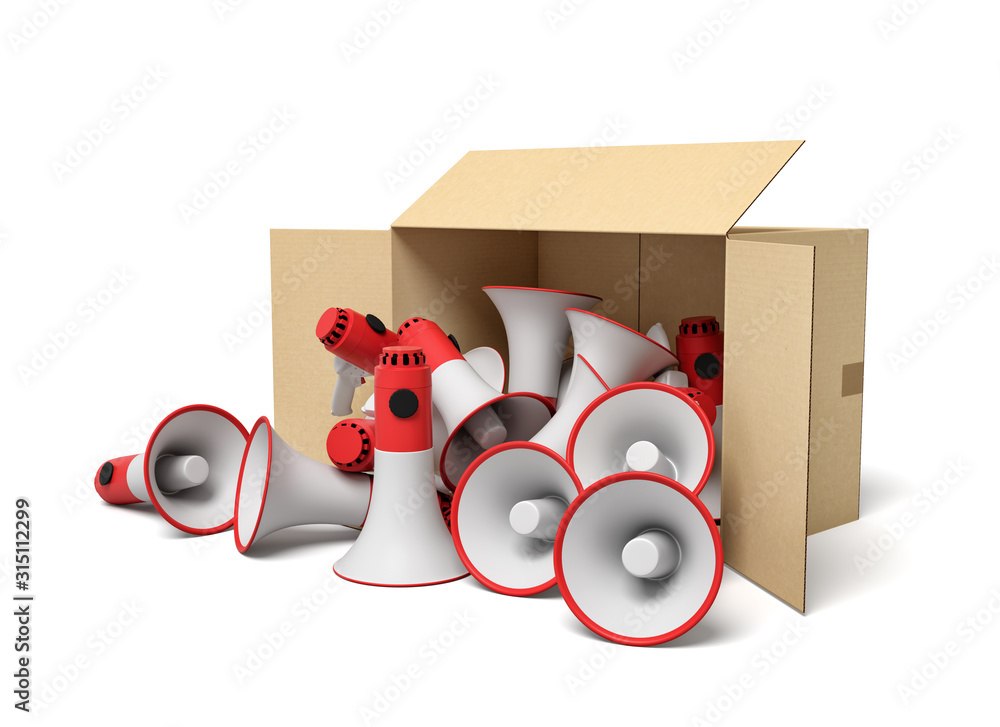 Poster 3d rendering of cardboard box lying sidelong full of red and white megaphones.