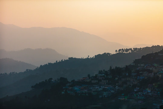 Scenic view idyllic silhouetted foothills at sunset, Supi Bageshwar, Uttarakhand, Indian Himalayan Foothills