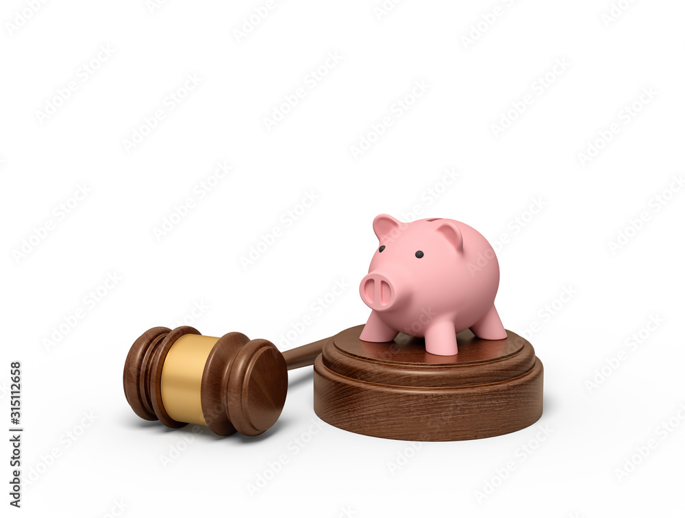Poster 3d rendering of pink piggy bank standing on sounding block with gavel lying beside.