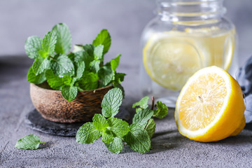 Photo of fresh cool lemon mint water. Infused water. Cocktail. Detox drink. Health care. Fitness. Summer drink. Still life photography. Image.