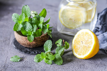 Photo of fresh cool lemon mint water. Infused water. Cocktail. Detox drink. Health care. Fitness. Summer drink. Still life photography. Image.