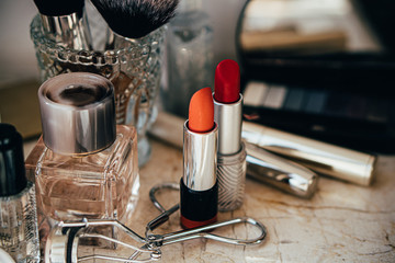 Real professional makeup tools and acessories, brushes and lipsticks