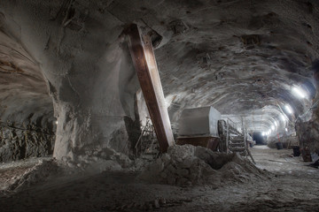 Salt potash mine ore shaft tunnel drift with conveyor underground