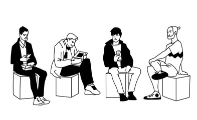 Men in different poses. Monochrome vector illustration of set of young and adult men sitting in simple line art style. Front view, side view. Hand drawn sketch isolated on white background.