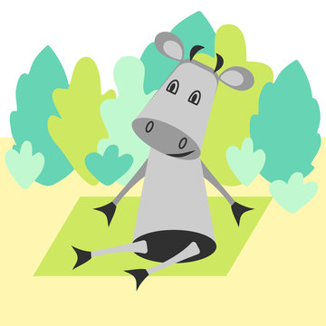 Funny cartoon cow doing yoga in a clearing in the woods. Vector hand drawing.