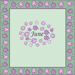 Cover design for a calendar or diary for the month of June. Decorated with pink and purple flowers in a simple design on a green background. The inscription is in English.