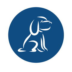 Blue round logo of the veterinary clinic with a cute spaniel dog. Doodle sketch with white lines. Vector illustration about pets.