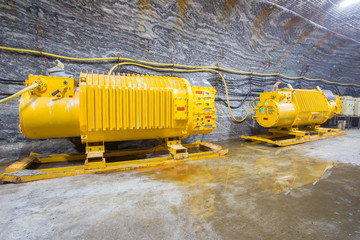 Salt kali mine ore shaft tunnel drift with electrical transformer underground