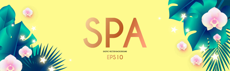 Spa exotic background. Tropic design template with palm leaves, orchids and gold. Summer vacation.