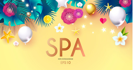 Spa exotic background. Tropic design template with palm leaves, orchids, sea star, foil balloon, heart, flowers and light and gold. Summer vacation.