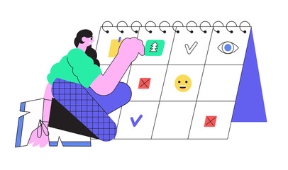 Vector line illustration of a woman successfully organizing her work in a calendar by putting reminder notes. Efficient and effective time management concept for web design, articles, ui, banners.