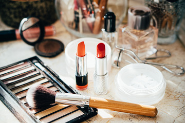 Real professional makeup tools and acessories, brushes and lipsticks