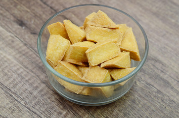 Fried tofu in bowl, Vegetarian food