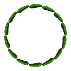 Round frame with horizontal green cucumber. Isolated wreath on white background for your design