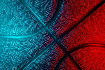 Foto auf Acrylglas Closeup detail of basketball ball texture background. Neon Banner Art concept © Augustas Cetkauskas