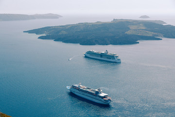 Panoramic view from the top of the Fira capital at Santorini, Greece