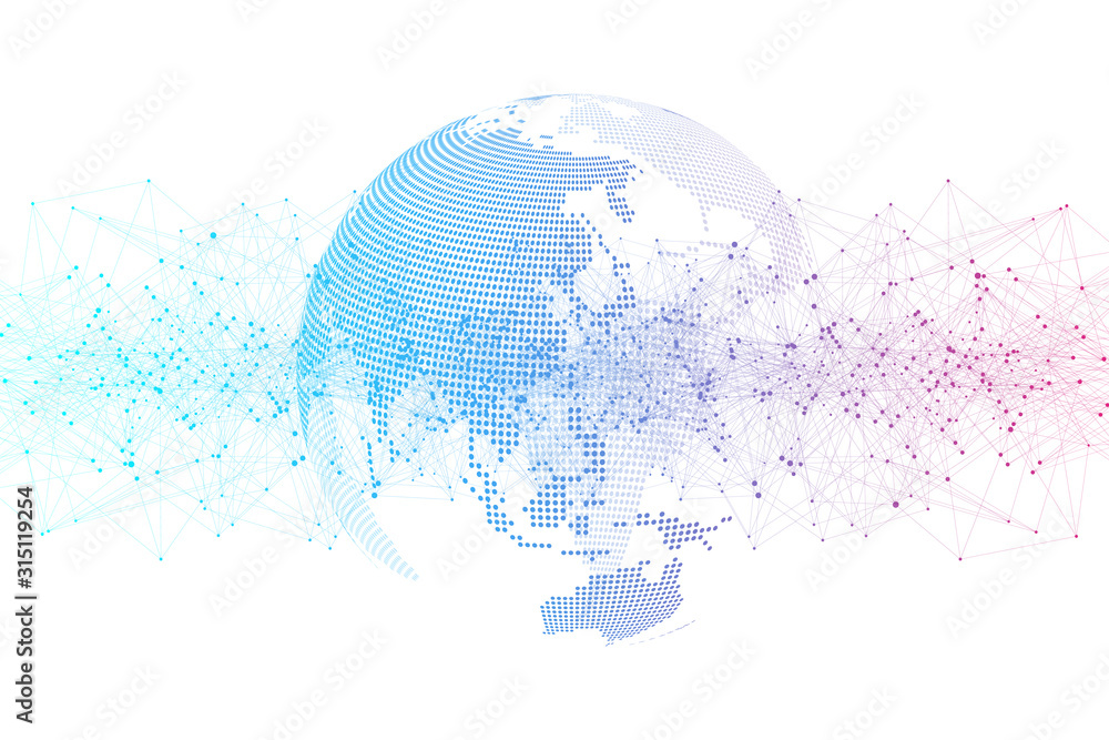 Poster Global social network. Networking and data connection concept. Worldwide internet and technology. Dynamic waves connected by plexus light lines. Virtual digital composition. Vector illustration.