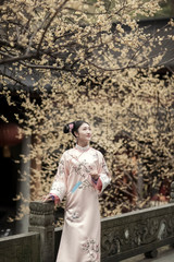 Obraz na płótnie Canvas Woman in Tang Dynasty Chinese costume under a plum tree