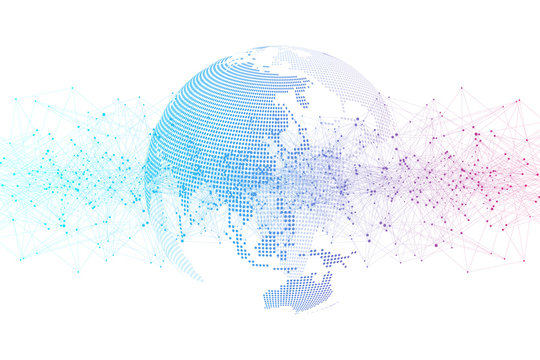 Global social network. Networking and data connection concept. Worldwide internet and technology. Dynamic waves connected by plexus light lines. Virtual digital composition. Vector illustration.