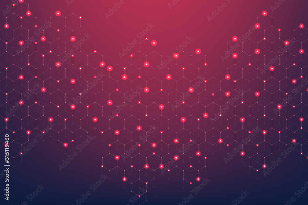 Leinwandbilder Technology abstract lines and dots connect background with hexagons. Hexagons connection digital data and big data concept. Hex digital data visualization. Vector illustration.