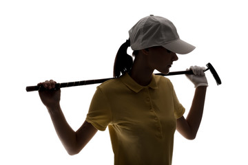 Silhouette of beautiful female golfer isolated on white