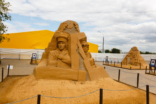 KOLOMENSKOYE,MOSCOW, RUSSIA-AUGUST 2, 2015:&rdquo;Masterpieces of world literature&rdquo;. Exhibition of sand sculptures. "Crime and Punishment" Fodor Dostoevsky, author Sergey Tselebrovsky, Russia