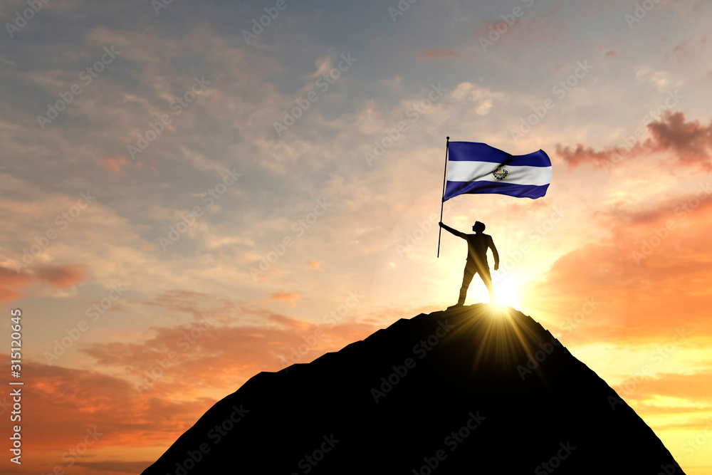Wall mural el salvador flag being waved at the top of a mountain summit. 3d rendering - Wall murals