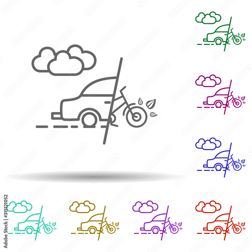 Poster car, cloud smoke, bicycle in multi color style in multi color style icon. simple thin line, outline 