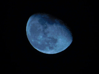 Half moon rising blue moon in the black night sky close up