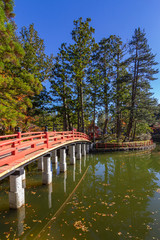 Fototapeta premium Bridge over pond in Danjogaran temple with maple trees season Autumn colors, at Mount Koya, Japan.