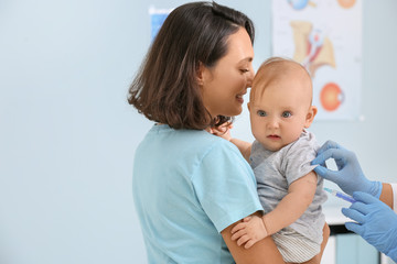 Pediatrician vaccinating little baby in clinic