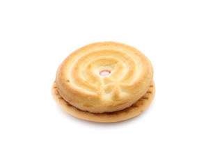 sandwich cookies with strawberry cream on white background