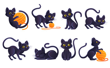 Set of cute adorable black cat playing with orange ball of wool cartoon animal design flat vector illustration on white background