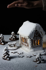 Gingerbread cookie house decorated with white glaze