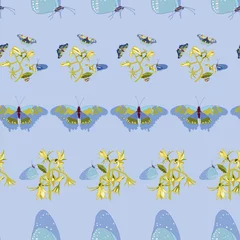 Gordijnen Realistic geometric butterfly tomato garden repeat pattern with tomato blossom, branch, ladybug. Beautiful summer design for garden lovers. Wildlife background. Print, fabric and stationary. © Corpholia Design 