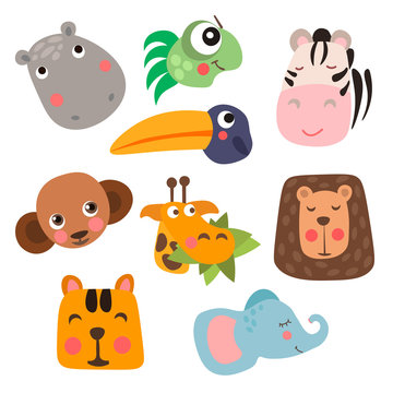 Cute Safari Animal Faces in flat style isolated vector illustration. Decorative safari collection. Cartoon childish vector safari animals face set. African giraffe, elephant, hippo, monkey, tiger and